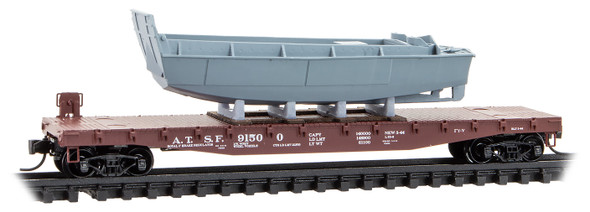 Micro-Trains Line 04500750 - 50' Flat Car w/ Fishbelly Sides w/Higgens boat load Atchison, Topeka and Santa Fe (ATSF) 91500 - N Scale
