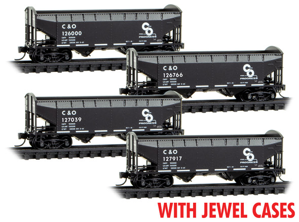 Micro-Trains Line 98300224 - 100-Ton 3 Bay Open Hopper with Coal Load 4-pk - JEWEL CASES Chesapeake & Ohio (C&O) 126000, 126766, 127039, 127917 - N Scale