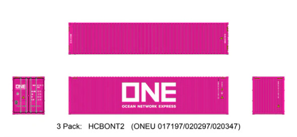 Aurora Miniatures HCBONT2 - 40’ Hi-Cube ISO Dry Container (45G1) Ocean Network Express (ONE) 017197, 020297, 020347 - HO Scale