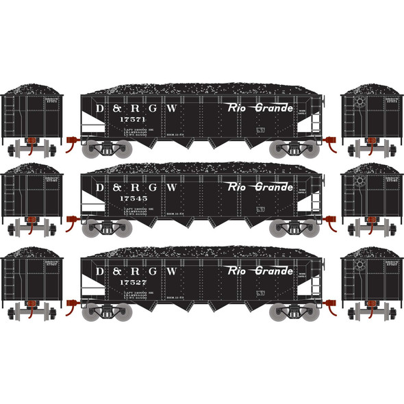 Athearn Roundhouse 88184 - 40' 4-Bay Offset Hopper w/Load (3) Denver & Rio Grande Western (D&RGW) 17571, 17545, 17527 - HO Scale