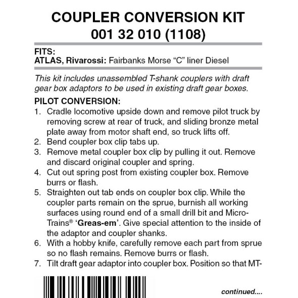 Micro-Trains Line 001 32 010 - Locomotive Coupler Conversion Kit Atlas, Rivarossi: Fairbanks Morse “C” liner Diesel (1108)  - N Scale