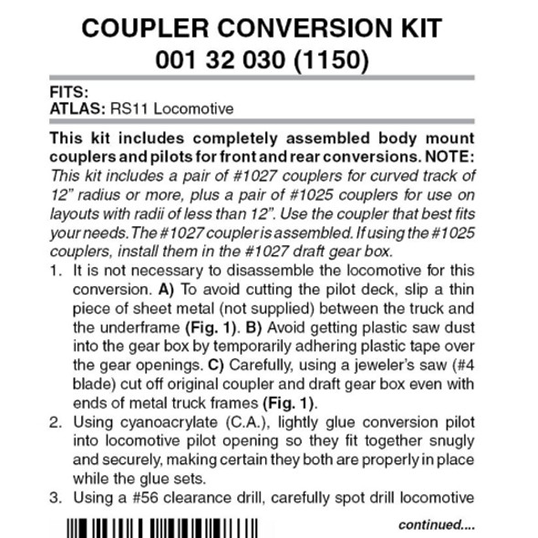 Micro-Trains Line 001 32 030 - Pilot Locomotive Coupler Conversion Kit Atlas RS11 (1150)  - N Scale