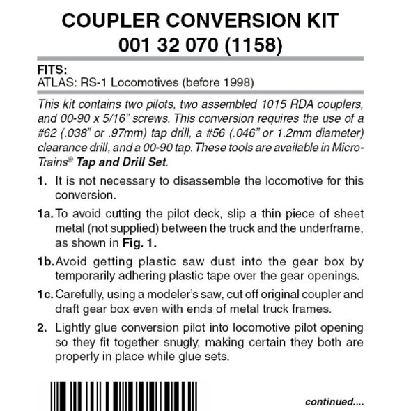 Micro-Trains Line 001 32 070 - Pilot Locomotive Coupler Conversion Kit Atlas RS-1 (before 1998) (1158)  - N Scale