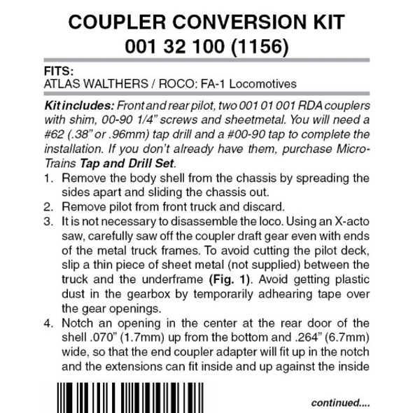 Micro-Trains Line 001 32 100 - Pilot Locomotive Coupler Conversion Kit Atlas, Walthers / Roco: FA1 (1156)  - N Scale