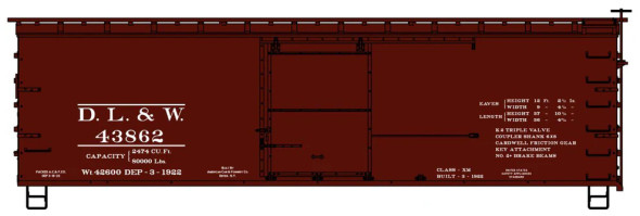 Accurail 1413 - 36 Foot Wood Boxcar with Metal Ends Straight Underframe Delaware, Lackawanna & Western (DL&W) 43862 - HO Scale Kit