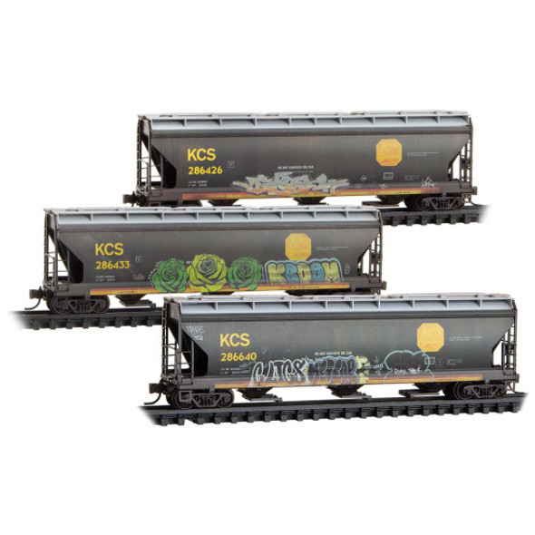 Micro-Trains Line 98305097 - KCS Weathered 3-Pack  3-Bay Covered Hoppers Kansas City Southern (KCS) 286426, 286433, 286640 - N Scale