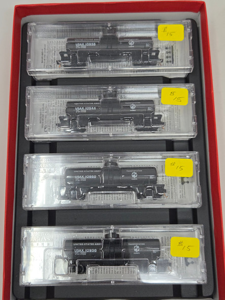 Pre-Owned: Micro-Trains Tank Single Dome 10,000 Gal 4 car set United States Army USAX 10938 10944 10950 10956 - N Scale