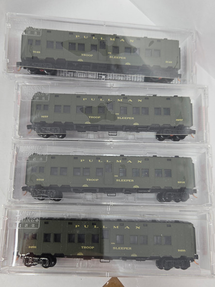 Pre-Owned: Micro-Trains Pass Troop Troop Sleeper 4 car Set U. S. Government 9149, 9257, 9316, 9448 - N Scale