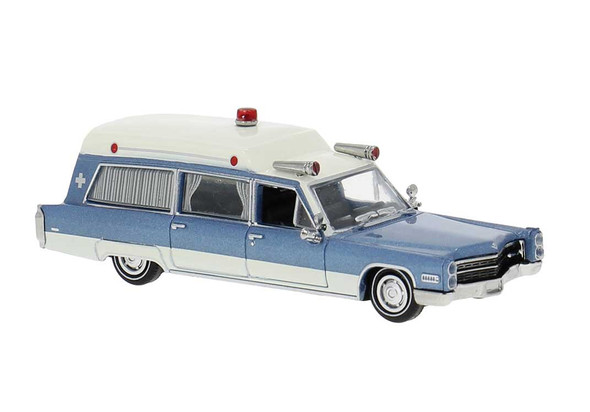 Brekina 19777 - 1966 Cadillac Meteor Ambulance White Blue  - HO Scale