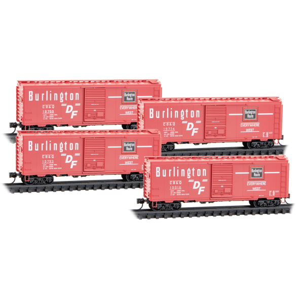 Micro-Trains Line 98300240 - 40' Standard Boxcars  4-Car Runner Pack #240 Chicago, Burlington & Quincy (CB&Q) 19759, 19774, 19793, 19816 - N Scale