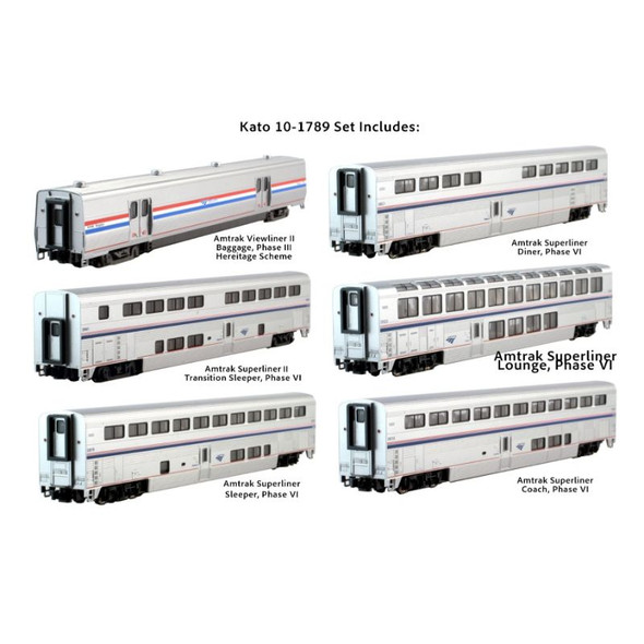 Kato 10-1789-1 - Superliner Phase VI 6-Unit Bookcase Set (Interior Lighting Installed) Amtrak (AMTK)  - N Scale