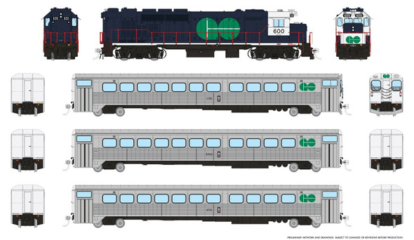 PRE-ORDER: Rapido 226001 - GMDD GP40TC + 3 Car Set Set (DC Silent) GO Transit Blue Set #1 (Loco: 600 Cab: C751 Coaches: 4704 4731) - HO Scale