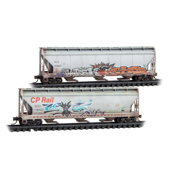 Micro-Trains Line 98305106 - 3-Bay Covered Hoppers  Weathered 2-Pack Canadian Pacific Kansas City (CPKC) KCS 312861, SOO 116400 - N Scale
