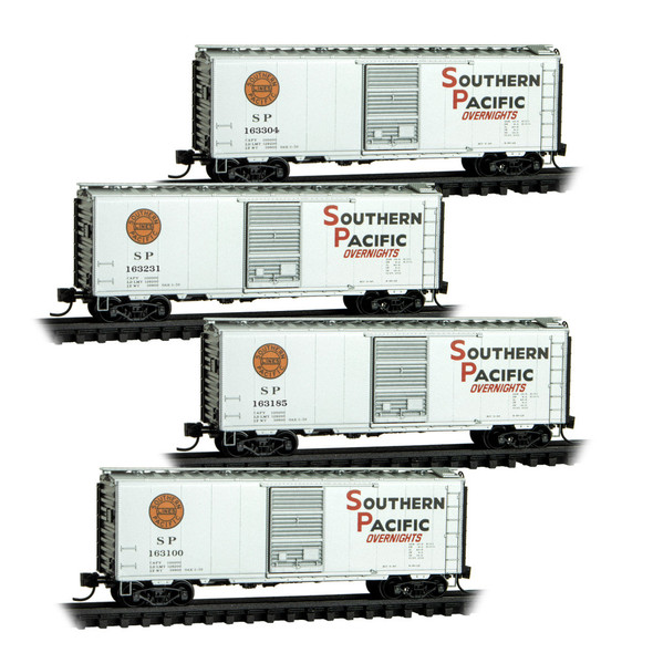 Micro-Trains Line 98300242 - 40' Standard Boxcars   4-Car Runner Pack #242 Southern Pacific (SP) 163100, 163185, 163231, 163304 - N Scale