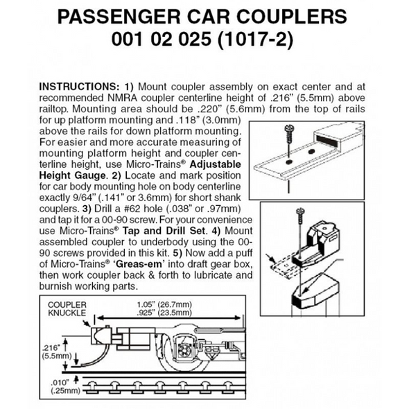 Micro-Trains 00102025 - Passenger Car Couplers Assembled - 2 pair