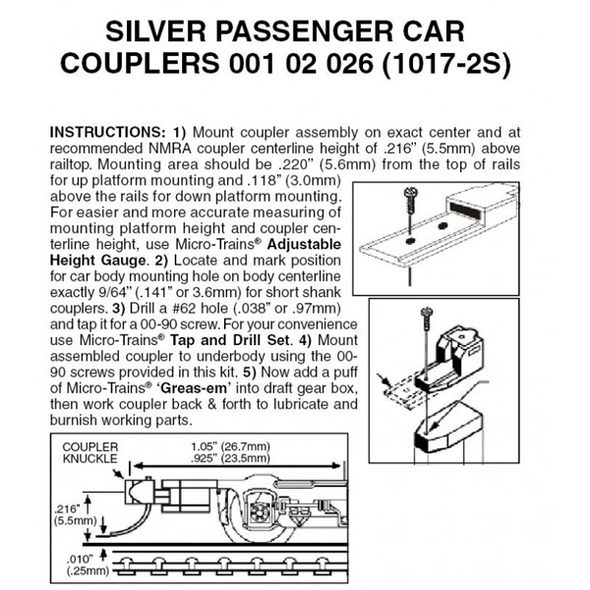 Micro-Trains 00102026 - Silver Passenger Car Couplers Assembled - 2 pair