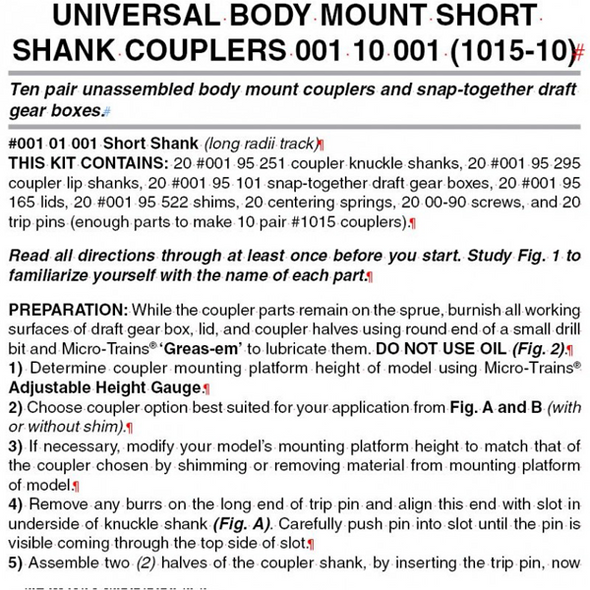 Micro-Trains 00110001 - Universal Body Mount Couplers Short Shank Unassembled - 10 pair