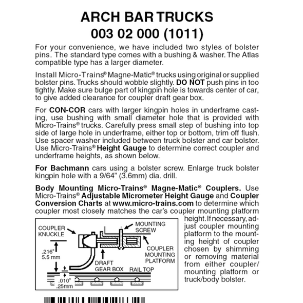 Micro-Trains 00302000 - Arch Bar Trucks Without Couplers  (1011)  1 pair