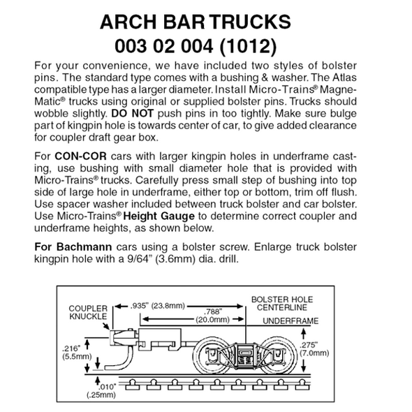 Micro-Trains 00302004 - Arch Bar Trucks With Long Extension Couplers  (1012)  1 pair