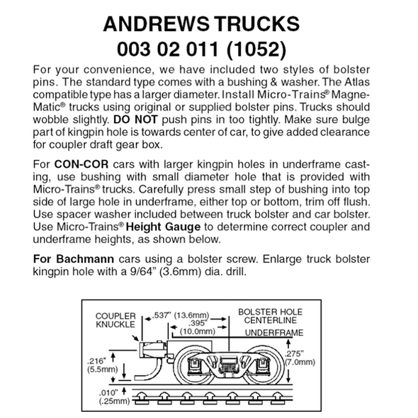 Micro-Trains 00302011 - Andrews Trucks With Short Extension Couplers (1052) 1 pair