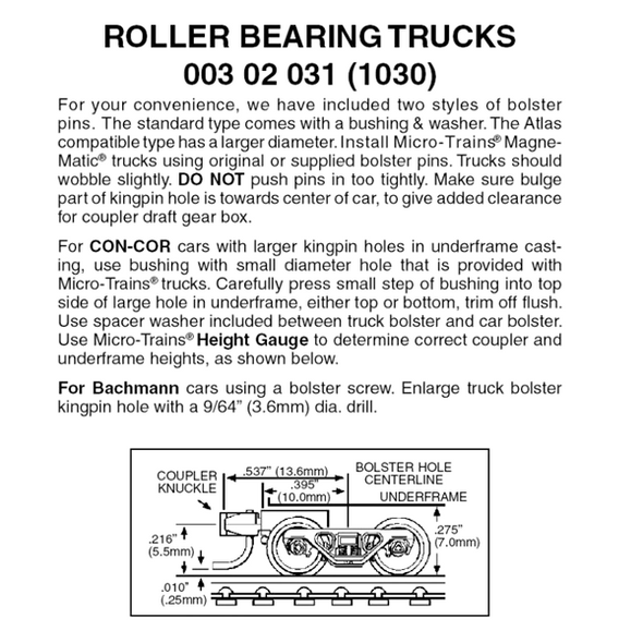 Micro-Trains 00302031 - Roller Bearing Trucks With Short Extension Couplers (1030) 1 pair