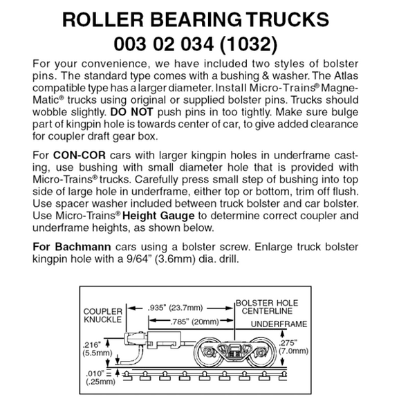 Micro-Trains 00302034 - Roller Bearing Trucks With Long Extension Couplers (1032) 1 pair