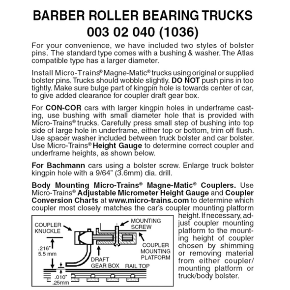 Micro-Trains 00302040 - Barber Roller Bearing Trucks Without Couplers (1036) 1 pair