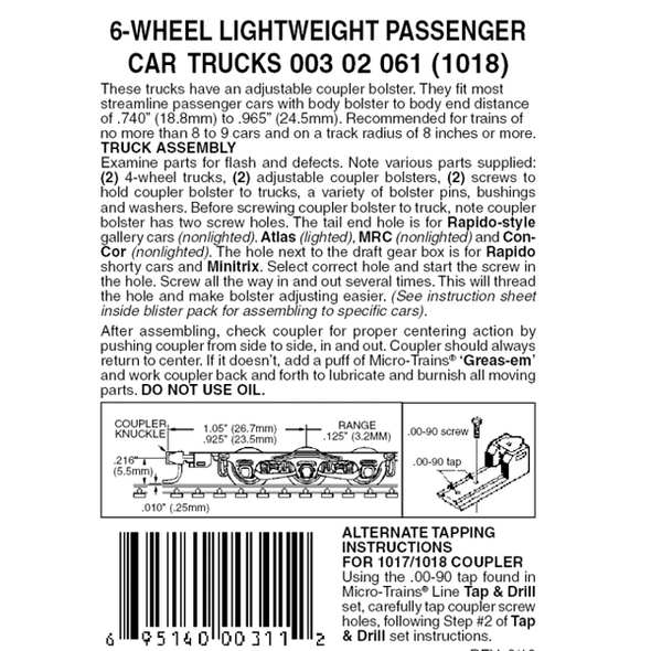 Micro-Trains 00302061 - 6-Wheel Passenger Car Trucks With Adjustable Couplers (1018) 1 pair