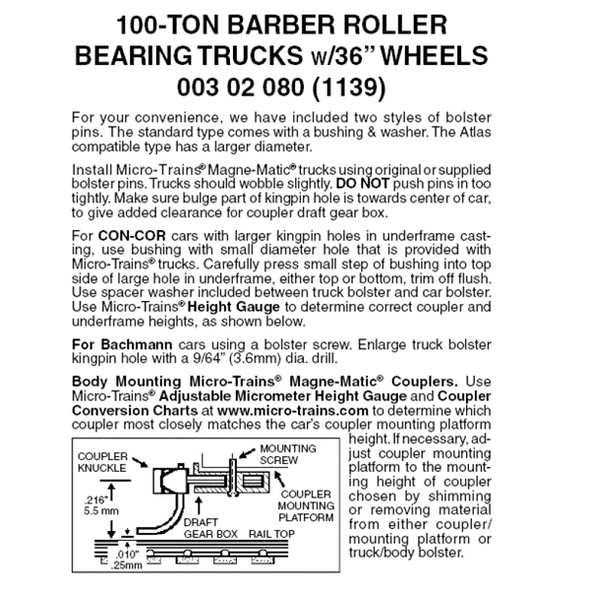 Micro-Trains 00302080 - 100-Ton Barber Roller Bearing Trucks w/36â€ Wheels (1139) 1 pair