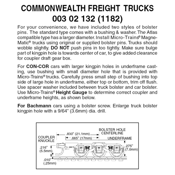 Micro-Trains 00302132 - 6-wheel Commonwealth Freight Trucks With Medium Extension Couplers(1182) 1 pair