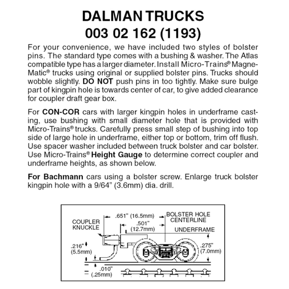 Micro-Trains 00302162 - Dalman Trucks With Medium Extension Couplers (1193) 1 pair