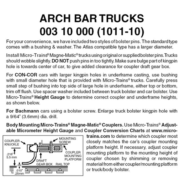 Micro-Trains 00310000 - Arch Bar Trucks Without Couplers (1011-10) 10 pair