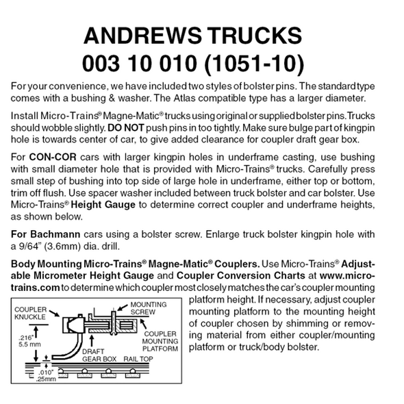 Micro-Trains 00310010 - Andrews Trucks Without Couplers (1051-10) 10 pair