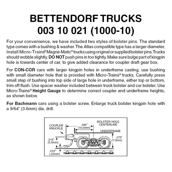 Micro-Trains 00310021 - Bettendorf Trucks With Short Extension Couplers (1000-10) 10 pair