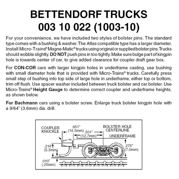 Micro-Trains 00310022 - Bettendorf Trucks With Medium Extension Couplers (1003-10) 10 pair