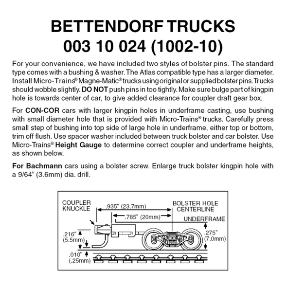 Micro-Trains 00310024 - Bettendorf Trucks With Long Extension Couplers (1002-10) 10 pair