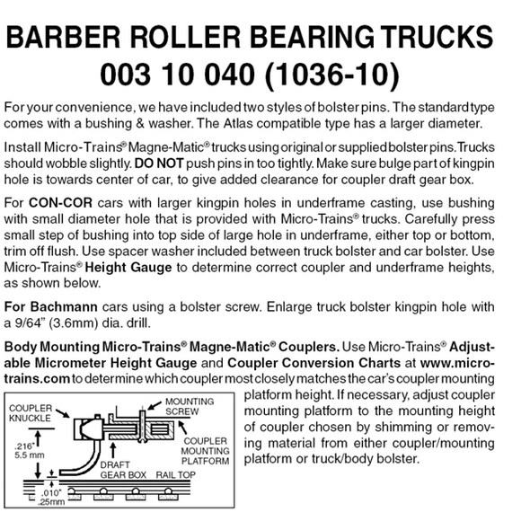 Micro-Trains 00310040 - Barber Roller Bearing Trucks Without Couplers (1036-10) 10 pair