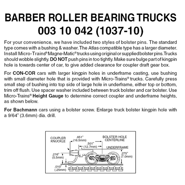 Micro-Trains 00310042 - Barber Roller Bearing Trucks With Medium Extension Couplers (1037-10) 10 pair