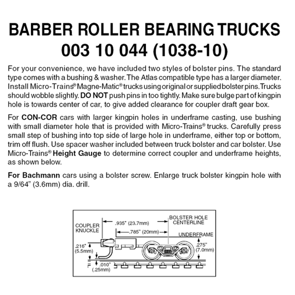 Micro-Trains 00310044 - Barber Roller Bearing Trucks With Long Extension Couplers (1038-10) 10 pair