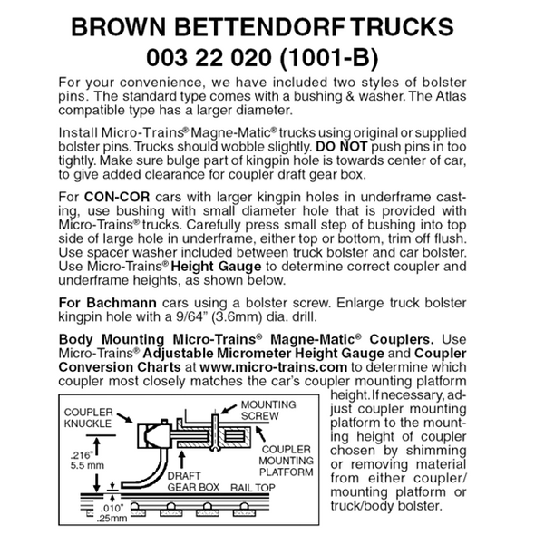 Micro-Trains 00322020 - Bettendorf Trucks Without Couplers - Brown (1001-B) 1 pair