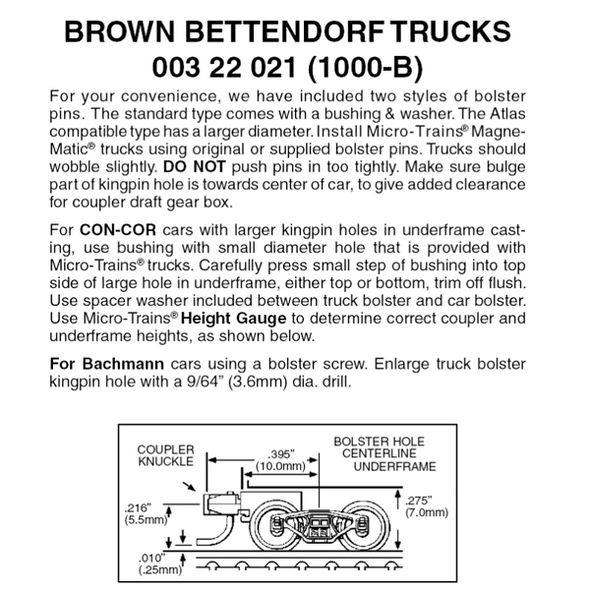 Micro-Trains 00322021 - Bettendorf Trucks With Short Extension Couplers - Brown (1000-B) 1 pair