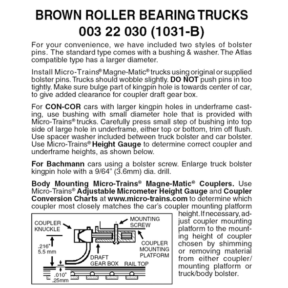 Micro-Trains 00322030 - Roller Bearing Trucks Without Couplers - Brown (1031-B) 1 pair