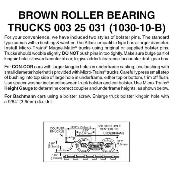 Micro-Trains 00325031 - Roller Bearing Trucks With Short Extension Couplers - Brown (1030-10-B) 10 pair