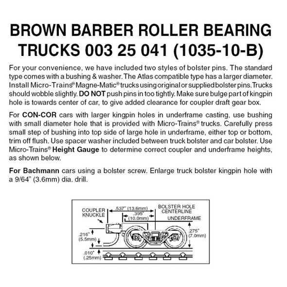 Micro-Trains 00325041 - Barber Roller Bearing Trucks With Short Extension Couplers - Brown (1035-10-B) 10 pair