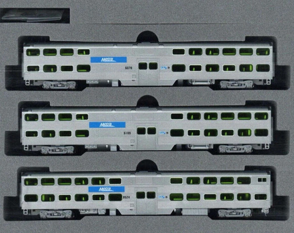 Kato 106-8703-S - Chicago Metra 3- Bi-Level Passenger Cars (DCC and Sound) METX - N Scale