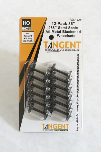 Tangent Scale Models 128 - 36 inch Semi-Scale Blackened All-Metal Precision Wheelsets For Tangent Rotating Roller Bearing Trucks- 12 pack (SKU 128)  - HO Scale