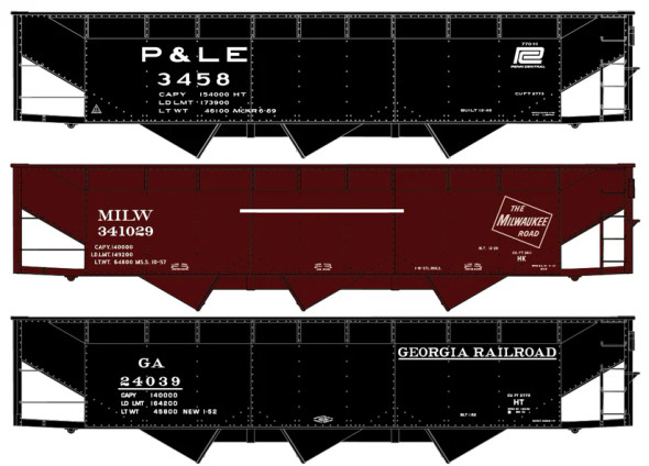 Accurail 8185 - P&LE, Milwaukee Road, Georgia RR 3-Car Set 70-Ton Offset Triple Hopper  - HO Scale Kit