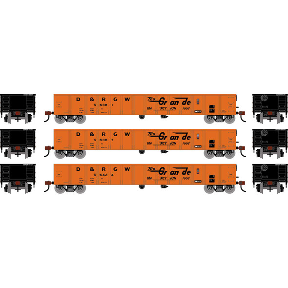 Athearn 1983 - 52' Mill Gondola (3) Denver & Rio Grande Western (D&RGW) 56381/56387/56424 - HO Scale