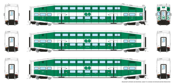 PRE-ORDER: Rapido 1110001 - BiLevel Commuter Car GO Transit Late: Set #4 (Cab: 227 Coaches: 2406, 2436) - HO Scale