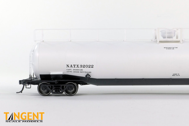 Tangent Scale Models 31160-03 -  “White Lease Delivery 1963” NACC 1963 Design 33,000 Gallon Dual Diameter LPG/AA Tank Car North American Tank Car (NATX) 32020 - HO Scale